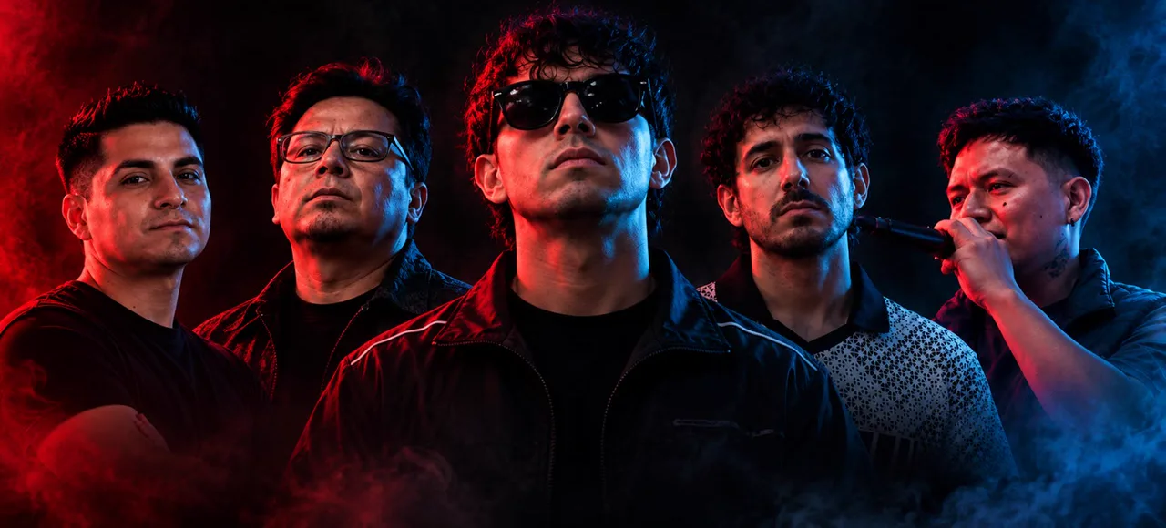 Cinco protagonistas del documental, de pie, entre humo rojo y azul